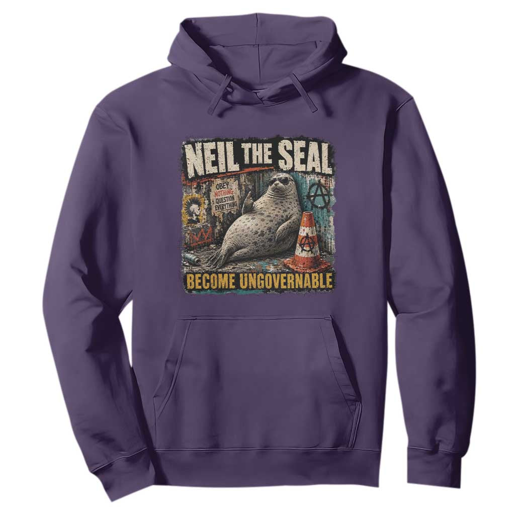 Edgy Neil the Seal Become Ungovernable Graffiti Graphic Hoodie Sarcastic Rebel Viral Chaotic Elephant Seal Sunglasses Meme TS02 Purple Print Your Wear