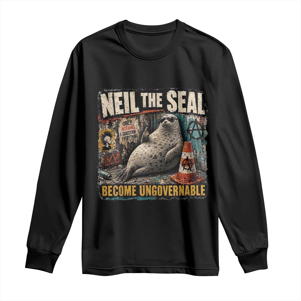 Edgy Neil the Seal Become Ungovernable Graffiti Graphic Long Sleeve Shirt Sarcastic Rebel Viral Chaotic Elephant Seal Sunglasses Meme TS02 Black Print Your Wear