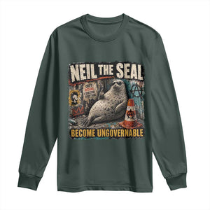 Edgy Neil the Seal Become Ungovernable Graffiti Graphic Long Sleeve Shirt Sarcastic Rebel Viral Chaotic Elephant Seal Sunglasses Meme TS02 Dark Forest Green Print Your Wear