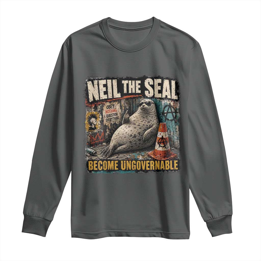Edgy Neil the Seal Become Ungovernable Graffiti Graphic Long Sleeve Shirt Sarcastic Rebel Viral Chaotic Elephant Seal Sunglasses Meme TS02 Dark Heather Print Your Wear