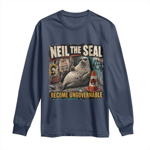 Edgy Neil the Seal Become Ungovernable Graffiti Graphic Long Sleeve Shirt Sarcastic Rebel Viral Chaotic Elephant Seal Sunglasses Meme TS02 Navy Print Your Wear