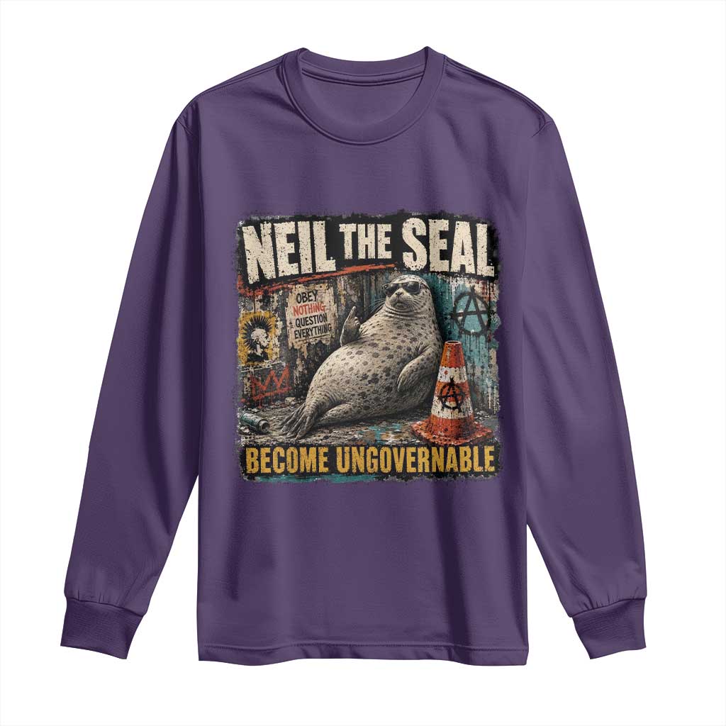 Edgy Neil the Seal Become Ungovernable Graffiti Graphic Long Sleeve Shirt Sarcastic Rebel Viral Chaotic Elephant Seal Sunglasses Meme TS02 Purple Print Your Wear