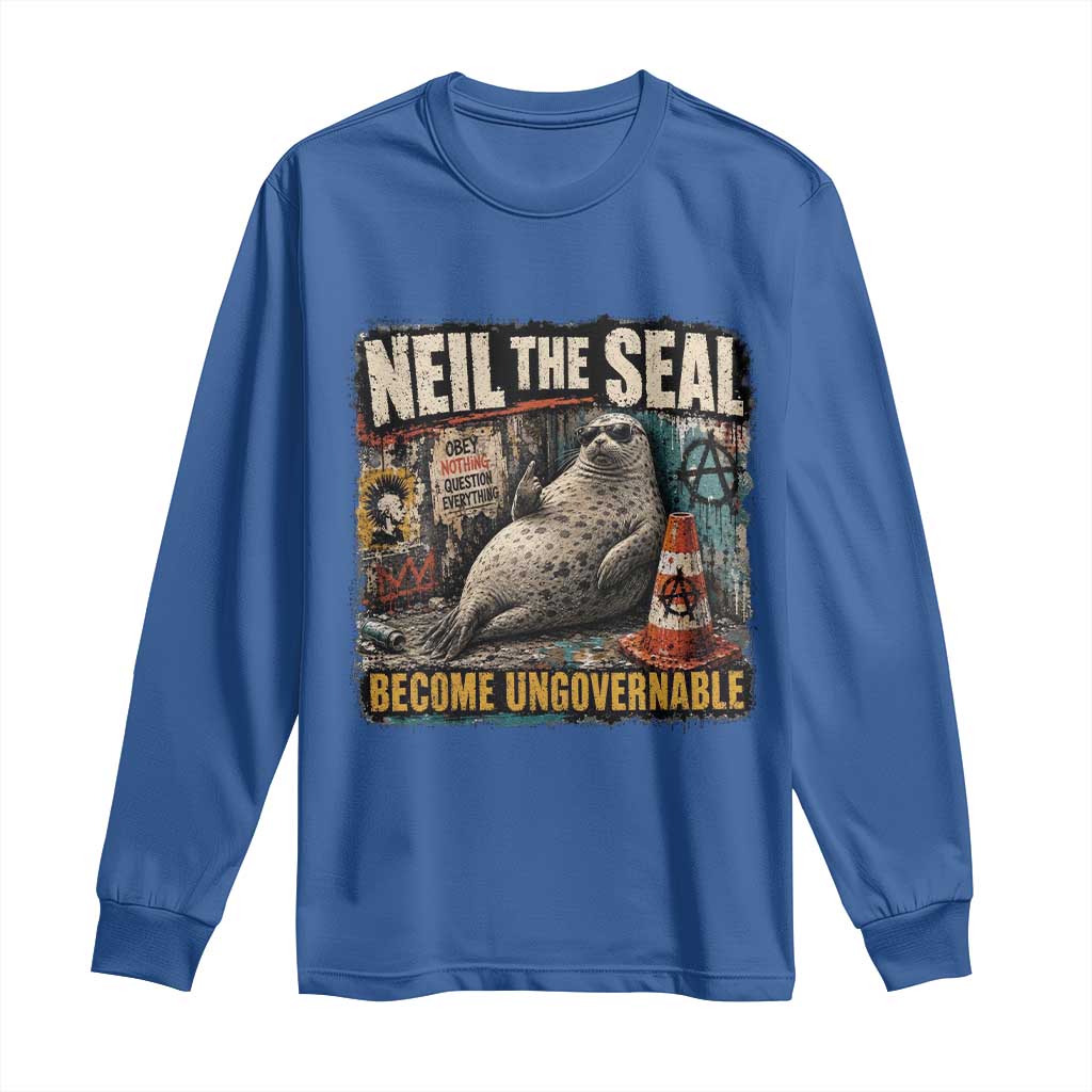 Edgy Neil the Seal Become Ungovernable Graffiti Graphic Long Sleeve Shirt Sarcastic Rebel Viral Chaotic Elephant Seal Sunglasses Meme TS02 Royal Blue Print Your Wear