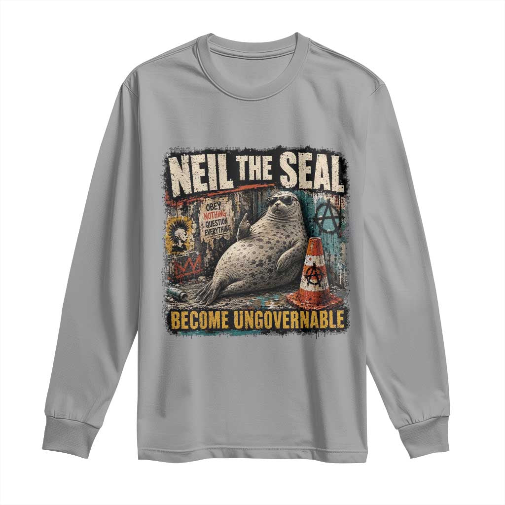 Edgy Neil the Seal Become Ungovernable Graffiti Graphic Long Sleeve Shirt Sarcastic Rebel Viral Chaotic Elephant Seal Sunglasses Meme TS02 Sport Gray Print Your Wear