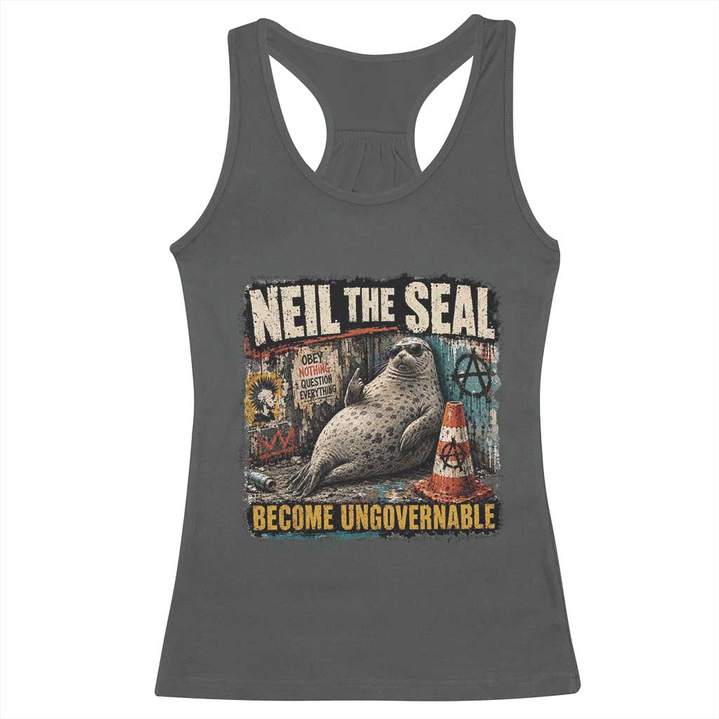 Edgy Neil the Seal Become Ungovernable Graffiti Graphic Racerback Tank Top Sarcastic Rebel Viral Chaotic Elephant Seal Sunglasses Meme TS02 Dark Heather Print Your Wear