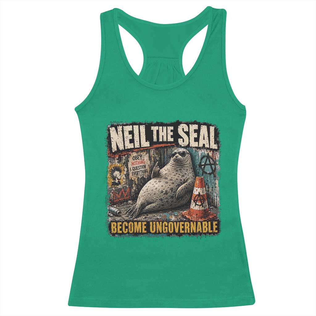 Edgy Neil the Seal Become Ungovernable Graffiti Graphic Racerback Tank Top Sarcastic Rebel Viral Chaotic Elephant Seal Sunglasses Meme TS02 Irish Green Print Your Wear