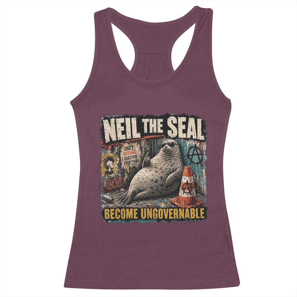 Edgy Neil the Seal Become Ungovernable Graffiti Graphic Racerback Tank Top Sarcastic Rebel Viral Chaotic Elephant Seal Sunglasses Meme TS02 Maroon Print Your Wear