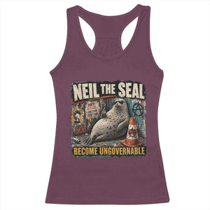 Edgy Neil the Seal Become Ungovernable Graffiti Graphic Racerback Tank Top Sarcastic Rebel Viral Chaotic Elephant Seal Sunglasses Meme TS02 Maroon Print Your Wear
