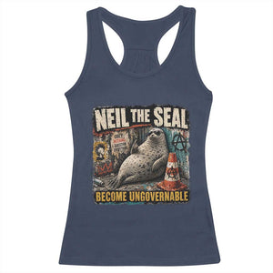 Edgy Neil the Seal Become Ungovernable Graffiti Graphic Racerback Tank Top Sarcastic Rebel Viral Chaotic Elephant Seal Sunglasses Meme TS02 Navy Print Your Wear