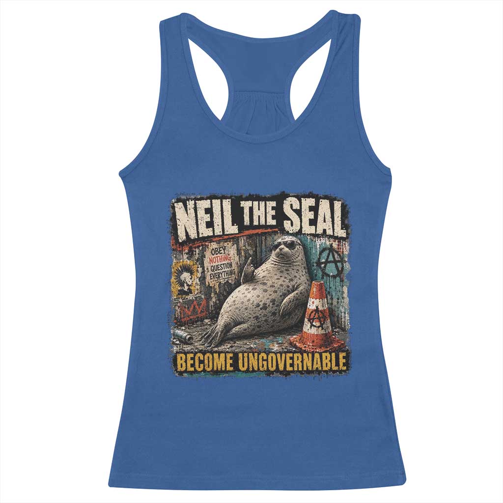 Edgy Neil the Seal Become Ungovernable Graffiti Graphic Racerback Tank Top Sarcastic Rebel Viral Chaotic Elephant Seal Sunglasses Meme TS02 Royal Blue Print Your Wear