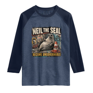 Edgy Neil the Seal Become Ungovernable Graffiti Graphic Raglan Shirt Sarcastic Rebel Viral Chaotic Elephant Seal Sunglasses Meme TS02 Heather Denim Navy Print Your Wear