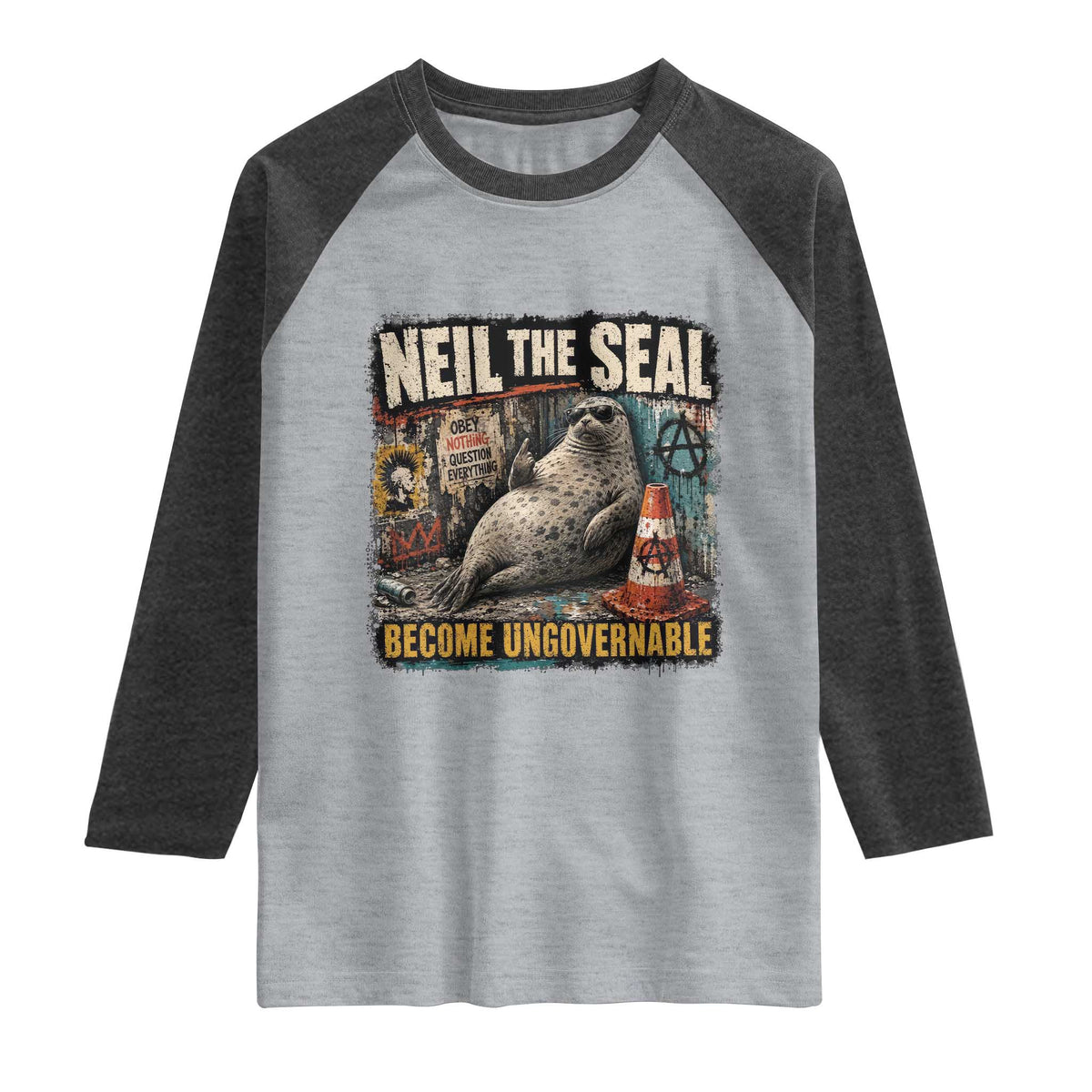 Edgy Neil the Seal Become Ungovernable Graffiti Graphic Raglan Shirt Sarcastic Rebel Viral Chaotic Elephant Seal Sunglasses Meme TS02 Heather Gray Heather Charcoal Print Your Wear