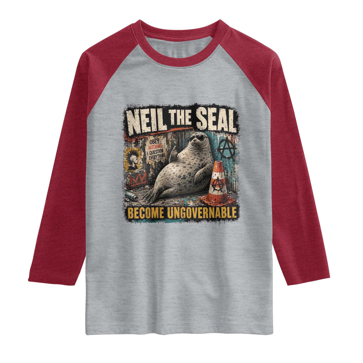 Edgy Neil the Seal Become Ungovernable Graffiti Graphic Raglan Shirt Sarcastic Rebel Viral Chaotic Elephant Seal Sunglasses Meme TS02 Heather Gray Heather Red Print Your Wear