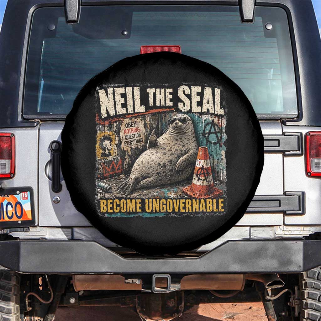 Edgy Neil the Seal Become Ungovernable Graffiti Graphic Spare Tire Cover Sarcastic Rebel Viral Chaotic Elephant Seal Sunglasses Meme TS02 No hole Black Print Your Wear