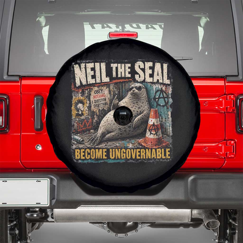 Edgy Neil the Seal Become Ungovernable Graffiti Graphic Spare Tire Cover Sarcastic Rebel Viral Chaotic Elephant Seal Sunglasses Meme TS02 Black Print Your Wear