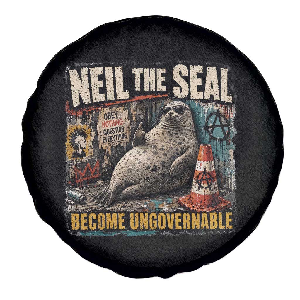 Edgy Neil the Seal Become Ungovernable Graffiti Graphic Spare Tire Cover Sarcastic Rebel Viral Chaotic Elephant Seal Sunglasses Meme TS02 Print Your Wear