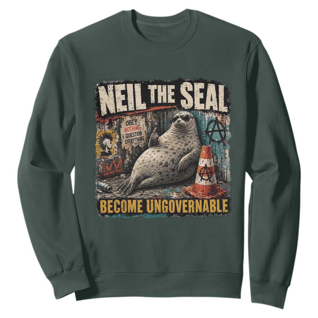 Edgy Neil the Seal Become Ungovernable Graffiti Graphic Sweatshirt Sarcastic Rebel Viral Chaotic Elephant Seal Sunglasses Meme TS02 Dark Forest Green Print Your Wear