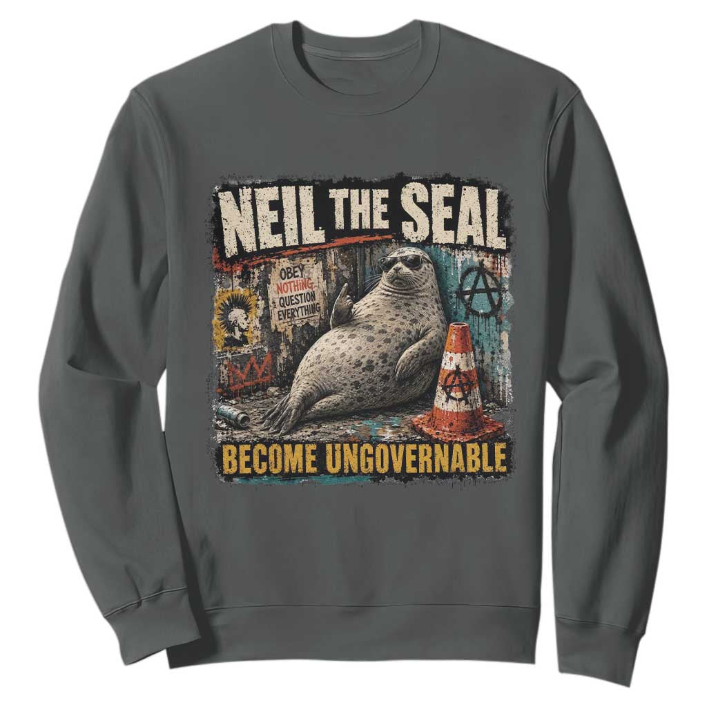 Edgy Neil the Seal Become Ungovernable Graffiti Graphic Sweatshirt Sarcastic Rebel Viral Chaotic Elephant Seal Sunglasses Meme TS02 Dark Heather Print Your Wear