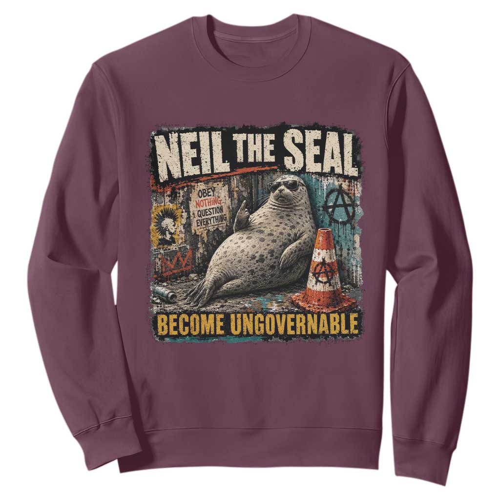Edgy Neil the Seal Become Ungovernable Graffiti Graphic Sweatshirt Sarcastic Rebel Viral Chaotic Elephant Seal Sunglasses Meme TS02 Maroon Print Your Wear