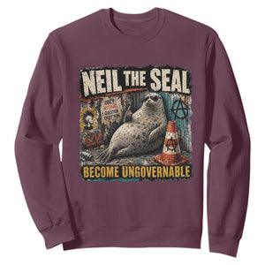 Edgy Neil the Seal Become Ungovernable Graffiti Graphic Sweatshirt Sarcastic Rebel Viral Chaotic Elephant Seal Sunglasses Meme TS02 Maroon Print Your Wear