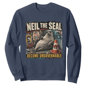 Edgy Neil the Seal Become Ungovernable Graffiti Graphic Sweatshirt Sarcastic Rebel Viral Chaotic Elephant Seal Sunglasses Meme TS02 Navy Print Your Wear