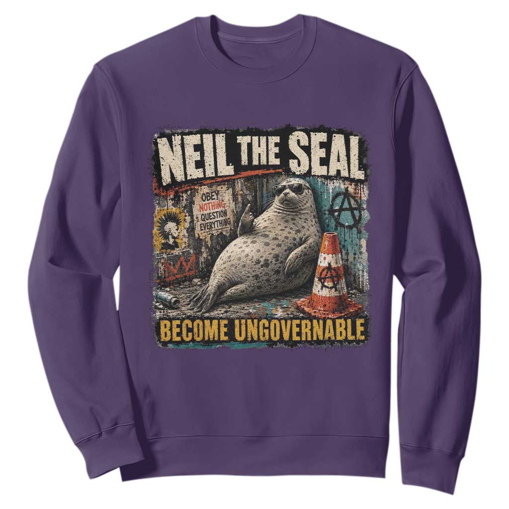 Edgy Neil the Seal Become Ungovernable Graffiti Graphic Sweatshirt Sarcastic Rebel Viral Chaotic Elephant Seal Sunglasses Meme TS02 Purple Print Your Wear