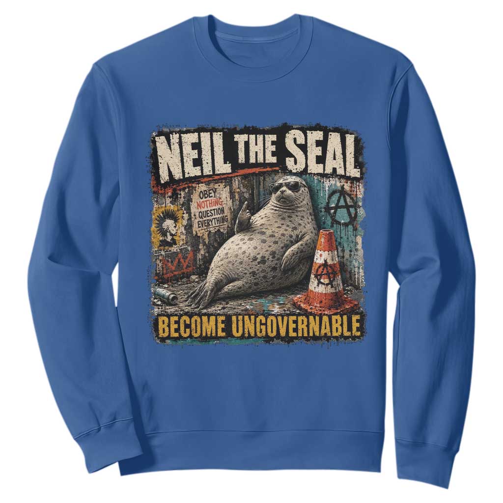 Edgy Neil the Seal Become Ungovernable Graffiti Graphic Sweatshirt Sarcastic Rebel Viral Chaotic Elephant Seal Sunglasses Meme TS02 Royal Blue Print Your Wear