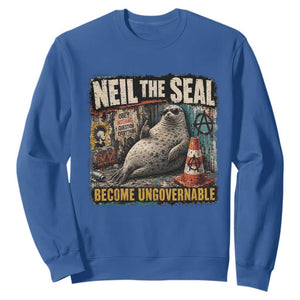 Edgy Neil the Seal Become Ungovernable Graffiti Graphic Sweatshirt Sarcastic Rebel Viral Chaotic Elephant Seal Sunglasses Meme TS02 Royal Blue Print Your Wear