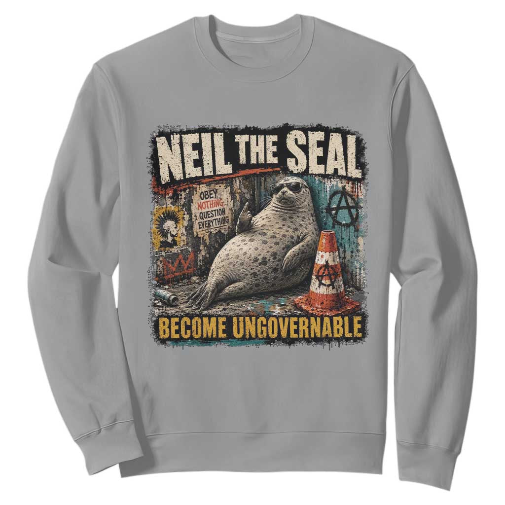 Edgy Neil the Seal Become Ungovernable Graffiti Graphic Sweatshirt Sarcastic Rebel Viral Chaotic Elephant Seal Sunglasses Meme TS02 Sport Gray Print Your Wear