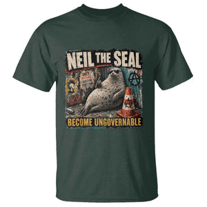 Edgy Neil the Seal Become Ungovernable Graffiti Graphic T Shirt Sarcastic Rebel Viral Chaotic Elephant Seal Sunglasses Meme TS02 Dark Forest Green Print Your Wear