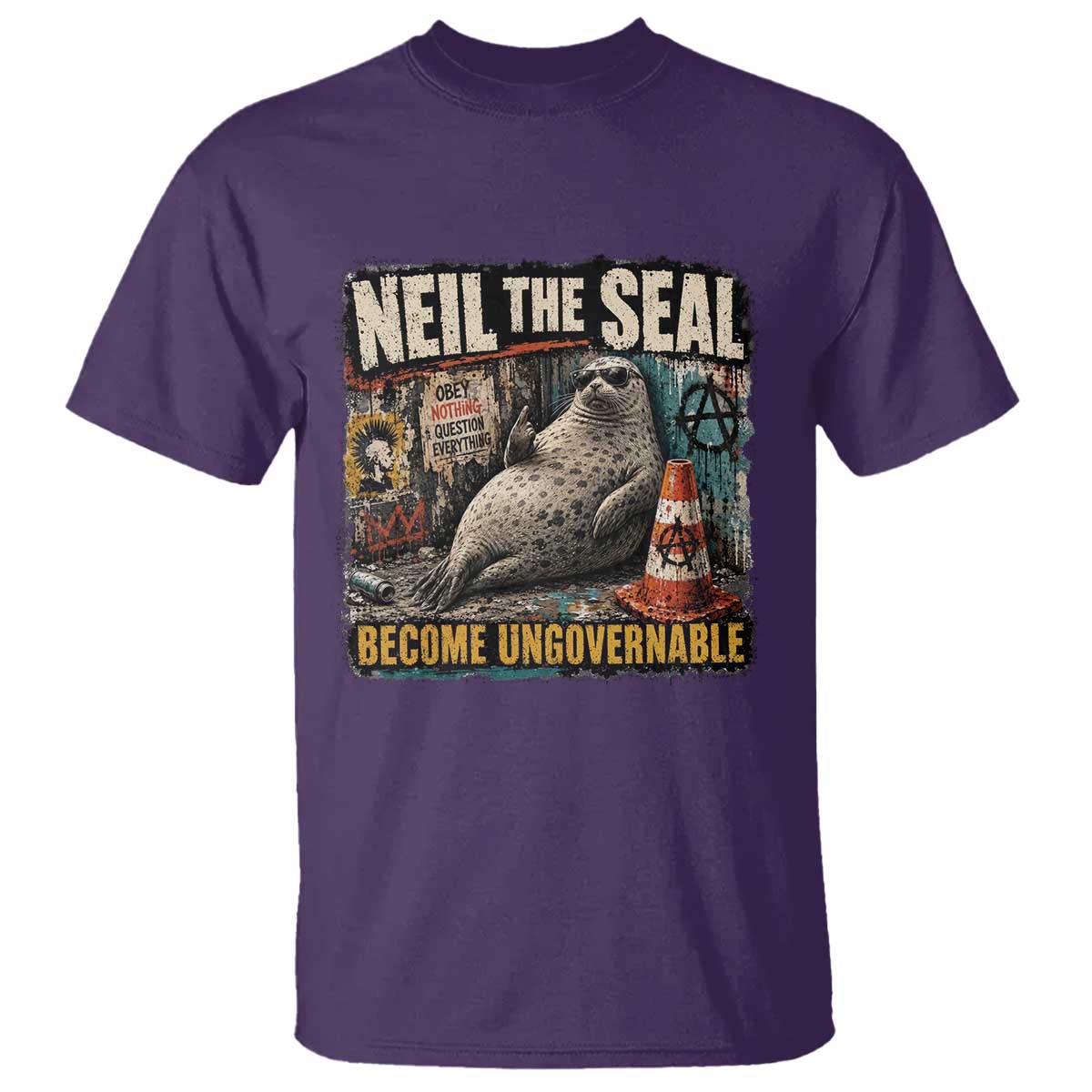 Edgy Neil the Seal Become Ungovernable Graffiti Graphic T Shirt Sarcastic Rebel Viral Chaotic Elephant Seal Sunglasses Meme TS02 Purple Print Your Wear