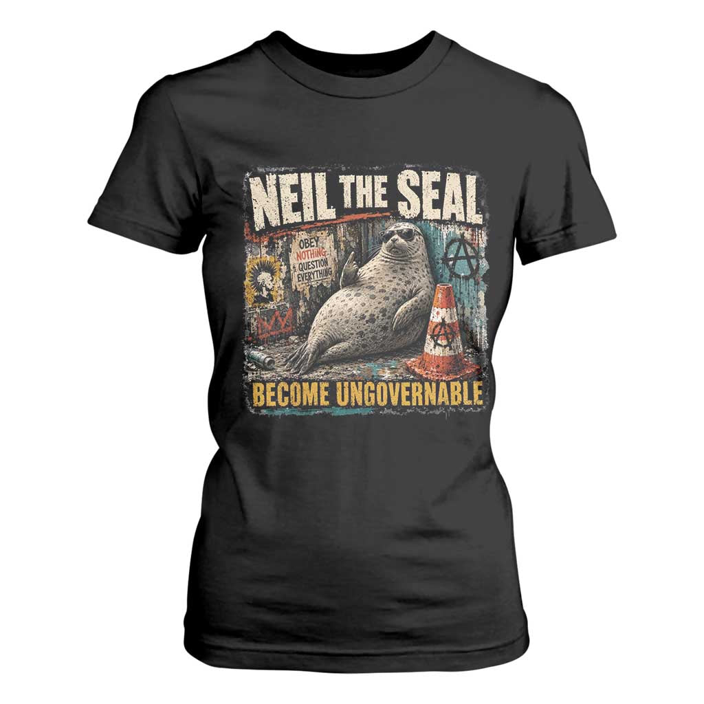 Edgy Neil the Seal Become Ungovernable Graffiti Graphic T Shirt For Women Sarcastic Rebel Viral Chaotic Elephant Seal Sunglasses Meme TS02 Black Print Your Wear