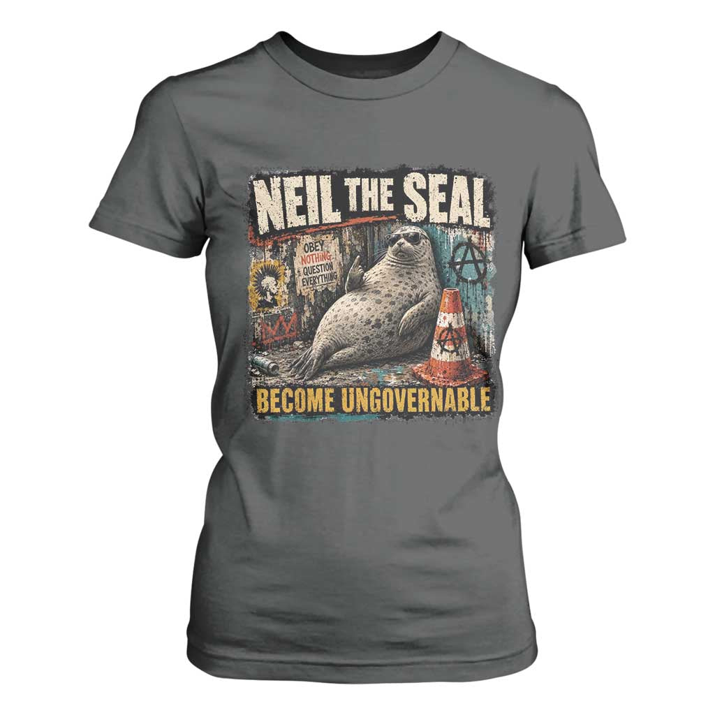 Edgy Neil the Seal Become Ungovernable Graffiti Graphic T Shirt For Women Sarcastic Rebel Viral Chaotic Elephant Seal Sunglasses Meme TS02 Dark Heather Print Your Wear