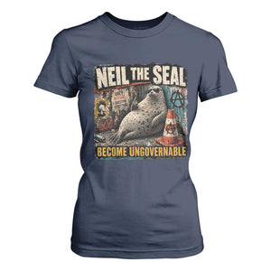 Edgy Neil the Seal Become Ungovernable Graffiti Graphic T Shirt For Women Sarcastic Rebel Viral Chaotic Elephant Seal Sunglasses Meme TS02 Navy Print Your Wear