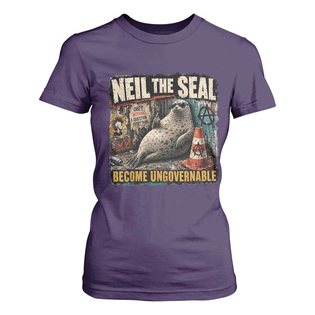 Edgy Neil the Seal Become Ungovernable Graffiti Graphic T Shirt For Women Sarcastic Rebel Viral Chaotic Elephant Seal Sunglasses Meme TS02 Purple Print Your Wear
