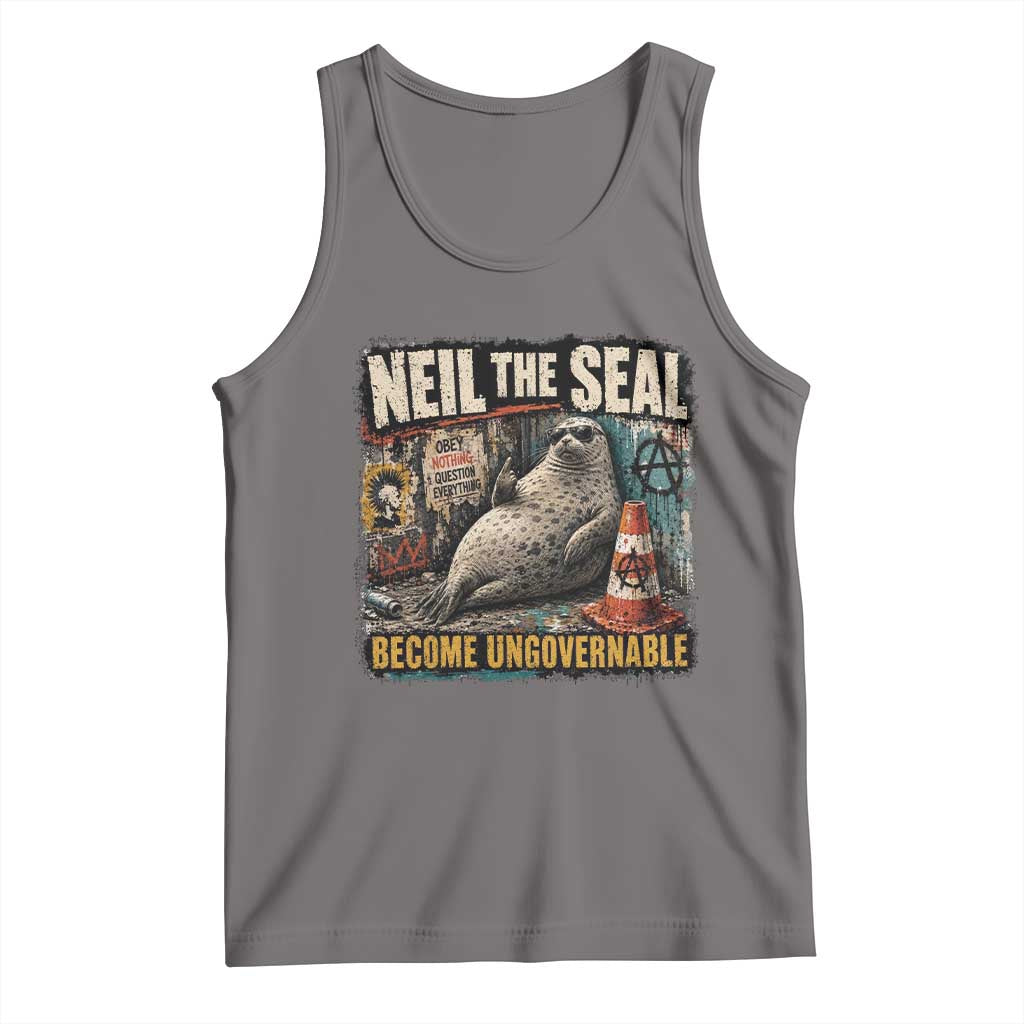 Edgy Neil the Seal Become Ungovernable Graffiti Graphic Tank Top Sarcastic Rebel Viral Chaotic Elephant Seal Sunglasses Meme TS02 Deep Heather Print Your Wear