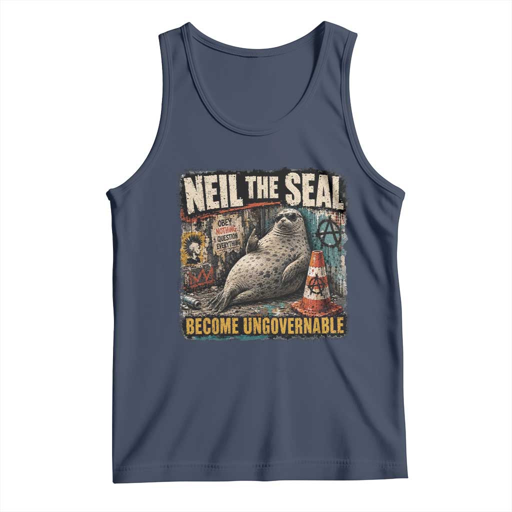 Edgy Neil the Seal Become Ungovernable Graffiti Graphic Tank Top Sarcastic Rebel Viral Chaotic Elephant Seal Sunglasses Meme TS02 Navy Print Your Wear