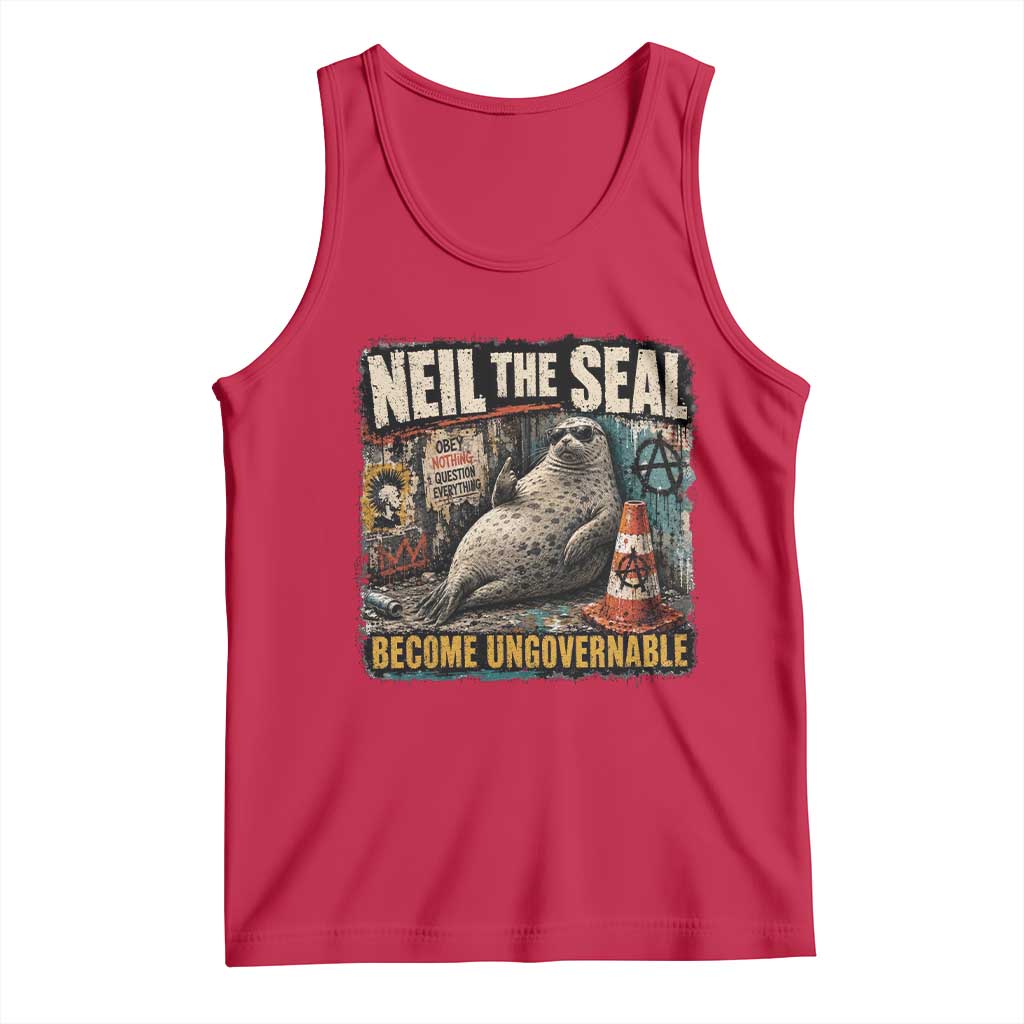 Edgy Neil the Seal Become Ungovernable Graffiti Graphic Tank Top Sarcastic Rebel Viral Chaotic Elephant Seal Sunglasses Meme TS02 Red Print Your Wear