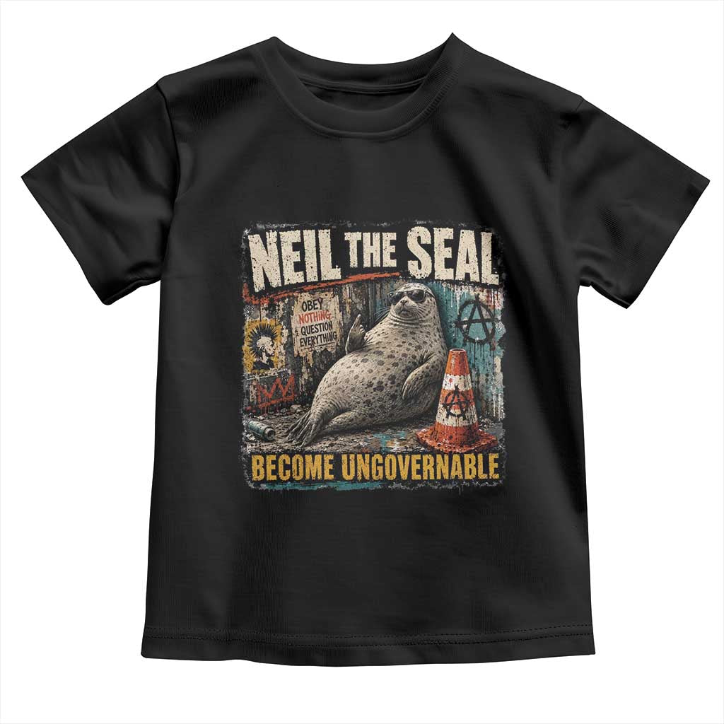 Edgy Neil the Seal Become Ungovernable Graffiti Graphic Toddler T Shirt Sarcastic Rebel Viral Chaotic Elephant Seal Sunglasses Meme TS02 Black Print Your Wear