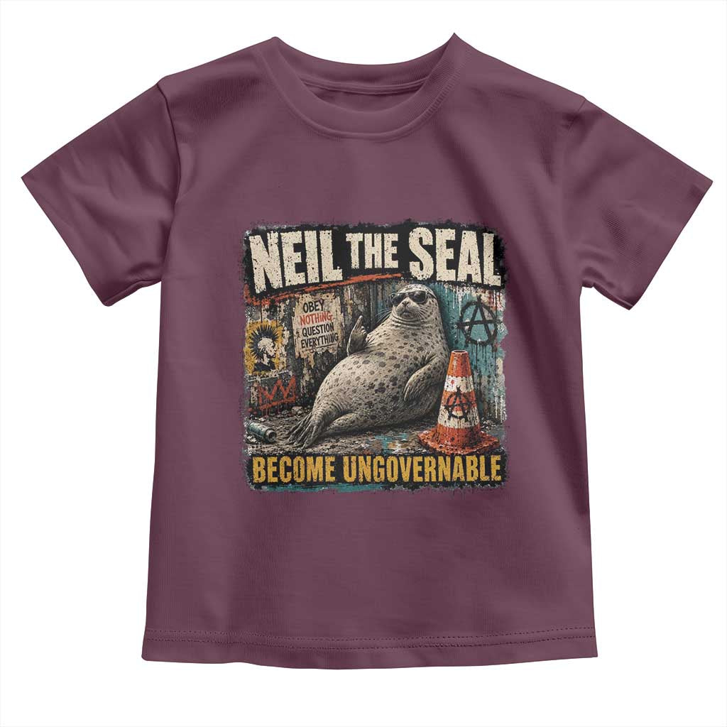 Edgy Neil the Seal Become Ungovernable Graffiti Graphic Toddler T Shirt Sarcastic Rebel Viral Chaotic Elephant Seal Sunglasses Meme TS02 Maroon Print Your Wear