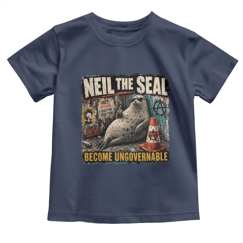 Edgy Neil the Seal Become Ungovernable Graffiti Graphic Toddler T Shirt Sarcastic Rebel Viral Chaotic Elephant Seal Sunglasses Meme TS02 Navy Print Your Wear