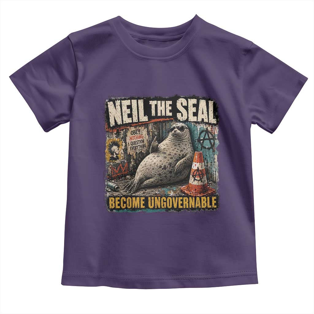 Edgy Neil the Seal Become Ungovernable Graffiti Graphic Toddler T Shirt Sarcastic Rebel Viral Chaotic Elephant Seal Sunglasses Meme TS02 Purple Print Your Wear