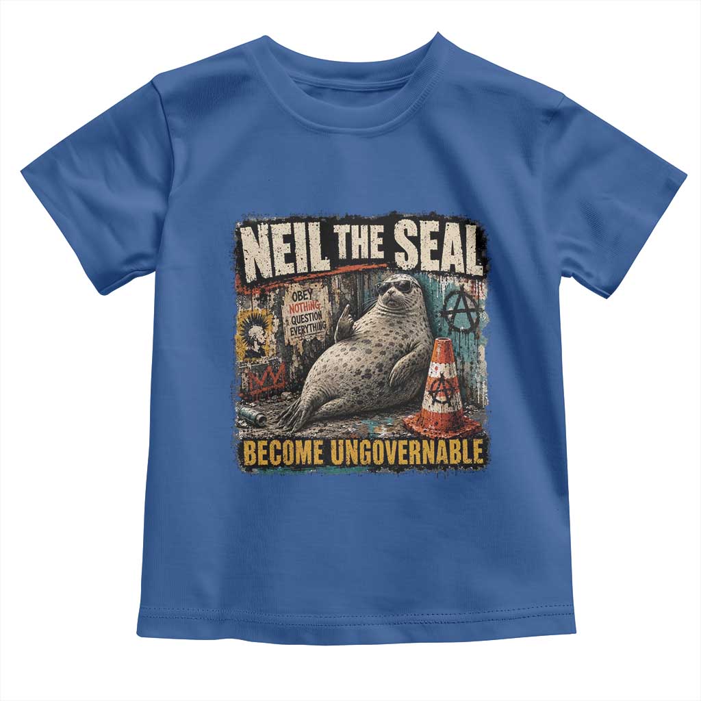 Edgy Neil the Seal Become Ungovernable Graffiti Graphic Toddler T Shirt Sarcastic Rebel Viral Chaotic Elephant Seal Sunglasses Meme TS02 Royal Blue Print Your Wear