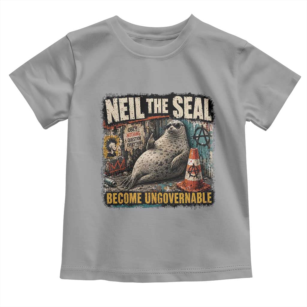 Edgy Neil the Seal Become Ungovernable Graffiti Graphic Toddler T Shirt Sarcastic Rebel Viral Chaotic Elephant Seal Sunglasses Meme TS02 Sport Gray Print Your Wear