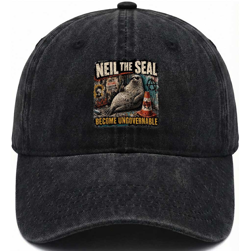 Edgy Neil the Seal Become Ungovernable Graffiti Graphic Washed Cotton Baseball Cap Sarcastic Rebel Viral Chaotic Elephant Seal Sunglasses Meme TS02 Print Your Wear