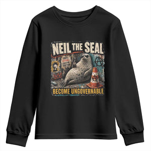 Edgy Neil the Seal Become Ungovernable Graffiti Graphic Youth Sweatshirt Sarcastic Rebel Viral Chaotic Elephant Seal Sunglasses Meme TS02 Black Print Your Wear