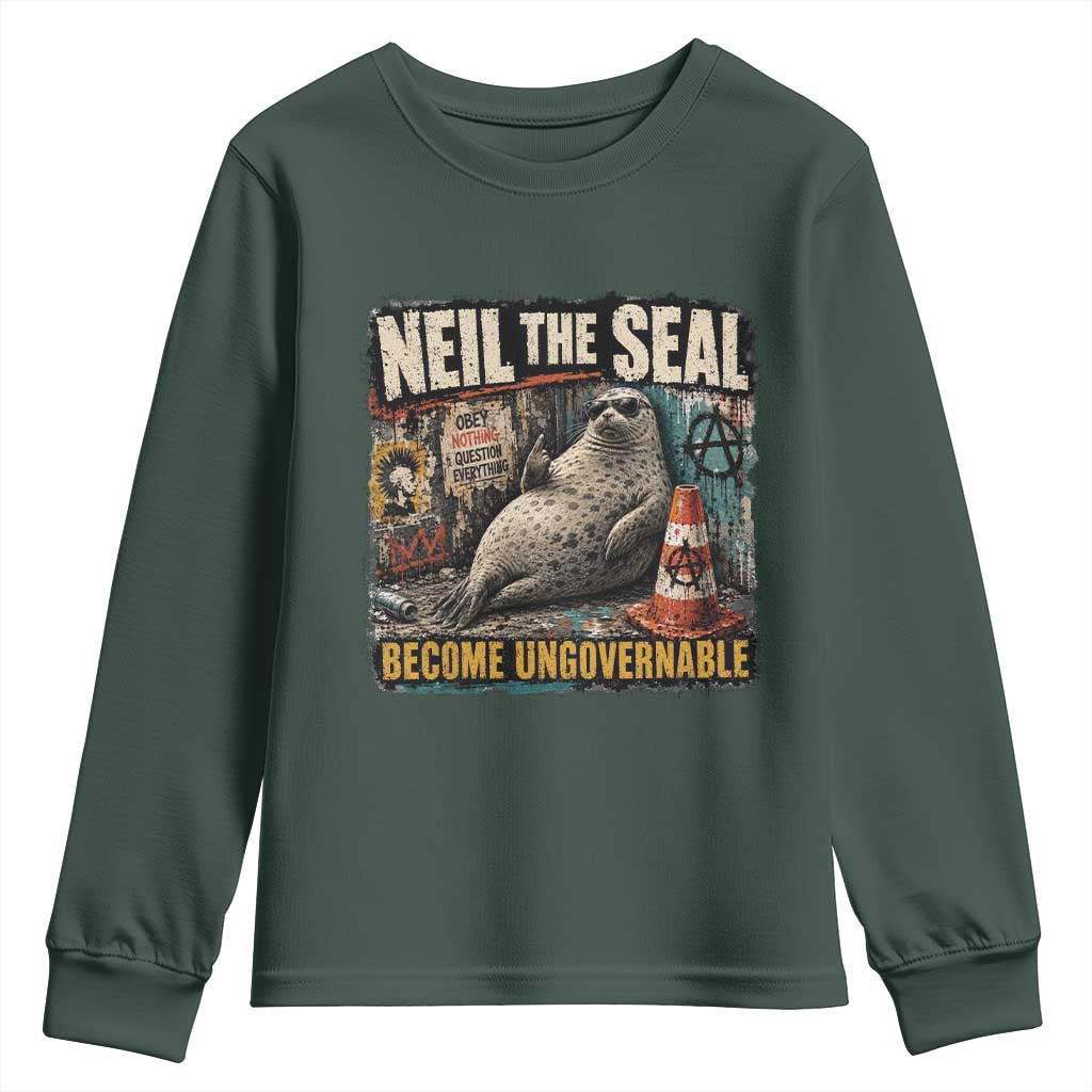 Edgy Neil the Seal Become Ungovernable Graffiti Graphic Youth Sweatshirt Sarcastic Rebel Viral Chaotic Elephant Seal Sunglasses Meme TS02 Dark Forest Green Print Your Wear