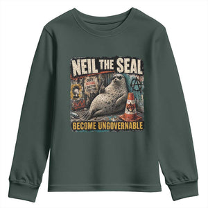 Edgy Neil the Seal Become Ungovernable Graffiti Graphic Youth Sweatshirt Sarcastic Rebel Viral Chaotic Elephant Seal Sunglasses Meme TS02 Dark Forest Green Print Your Wear