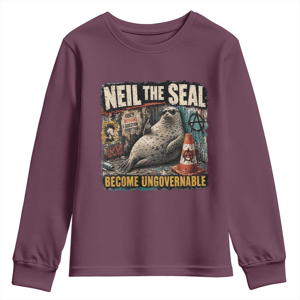 Edgy Neil the Seal Become Ungovernable Graffiti Graphic Youth Sweatshirt Sarcastic Rebel Viral Chaotic Elephant Seal Sunglasses Meme TS02 Maroon Print Your Wear