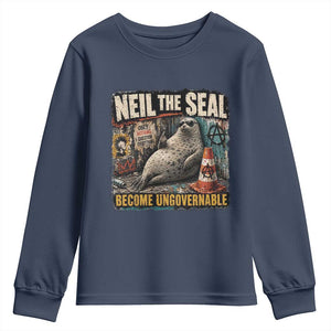 Edgy Neil the Seal Become Ungovernable Graffiti Graphic Youth Sweatshirt Sarcastic Rebel Viral Chaotic Elephant Seal Sunglasses Meme TS02 Navy Print Your Wear